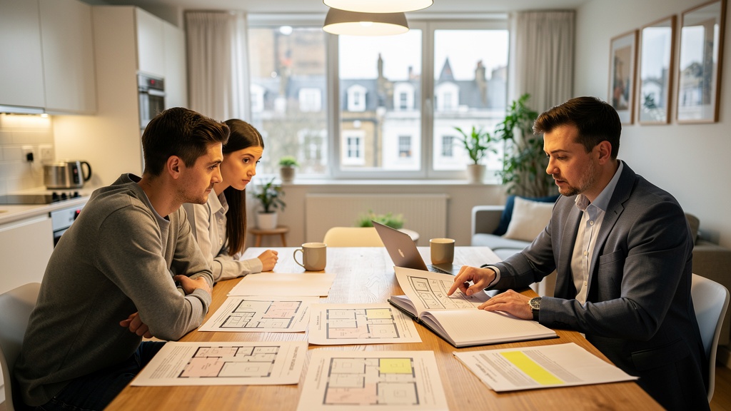 First-time buyer couple reviewing a homebuyer survey report with their surveyor