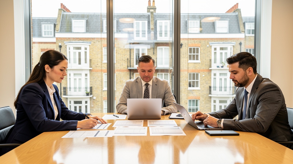 Meeting between surveyors and solicitors discussing a lease extension in a London office