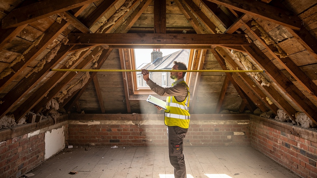 Surveyor measuring a loft conversion space in a Victorian terrace house