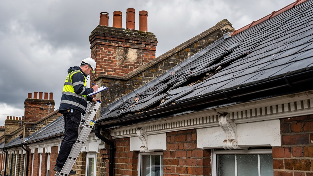 Surveyor on a ladder inspecting the slate roof tiles of a Victorian London property