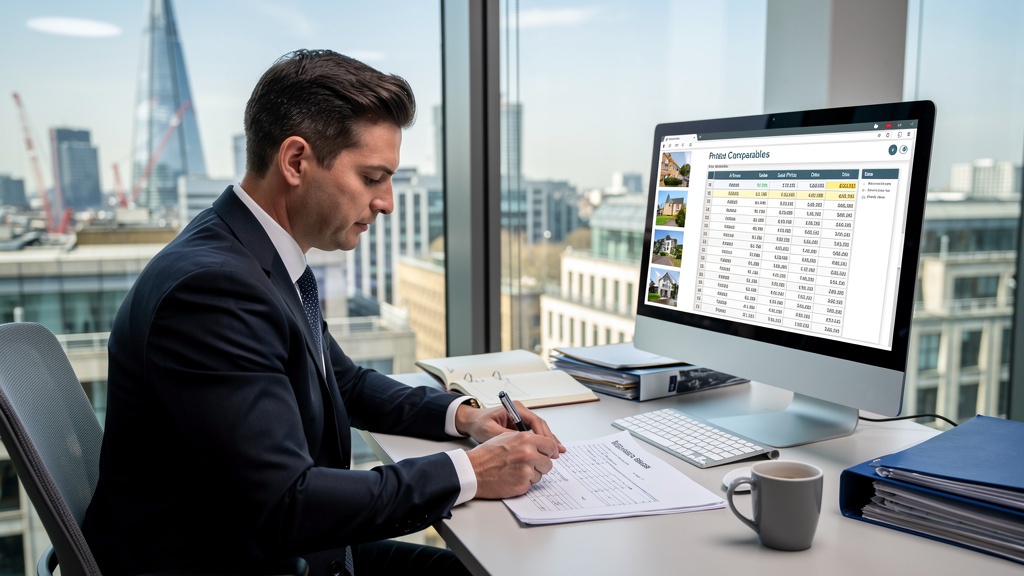 RICS registered valuer preparing a formal property valuation report at a desk with London property data