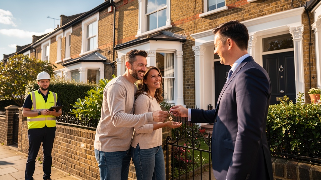Happy couple receiving the keys to their Hammersmith home after a successful property survey