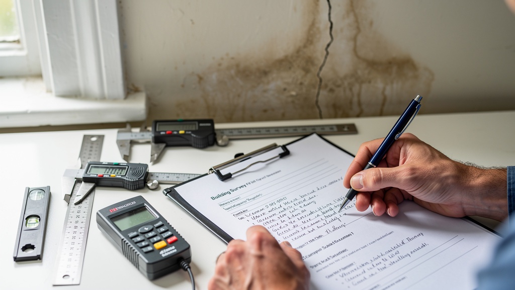 Detailed surveyor's report on clipboard showing property condition assessment findings
