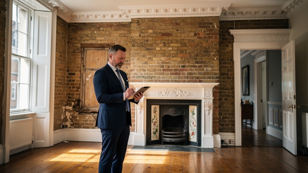 RICS-accredited surveyor conducting a building survey inside a Victorian property in Hammersmith