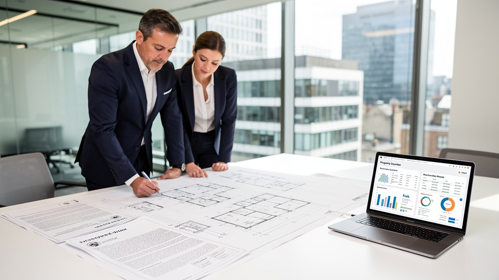Two Hammersmith Surveyors reviewing a detailed property survey report together in their West London office